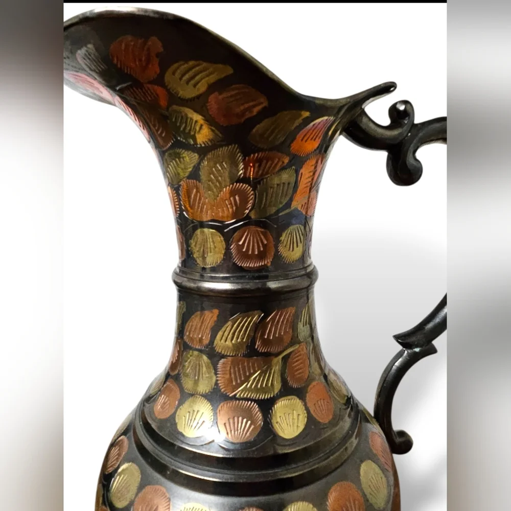 Antique Mid-Century MCM Copper Solid Brass Pitcher Etched Floral Ewer Vase VTG
